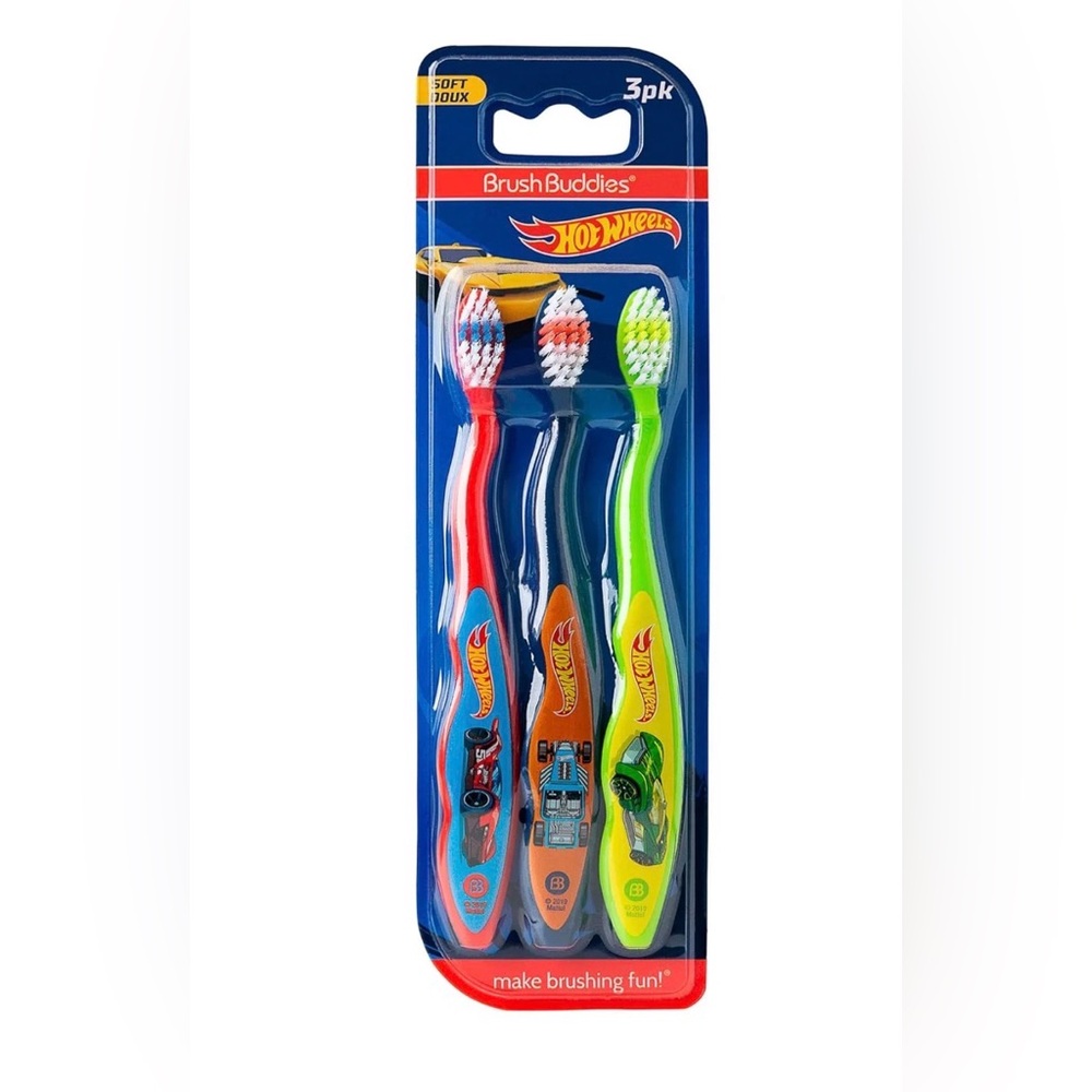 Set of 3 Hot Wheels Brush Buddies Toothbrushes - Red, Blue, Green (Soft Bristle)